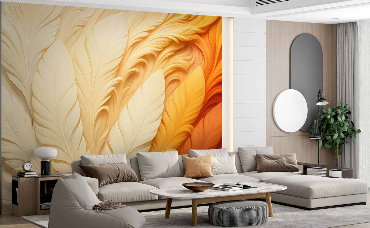 Fototapeta Białe pióra na jasno-pomarańczowym tle reliefu trójwymiarowego.