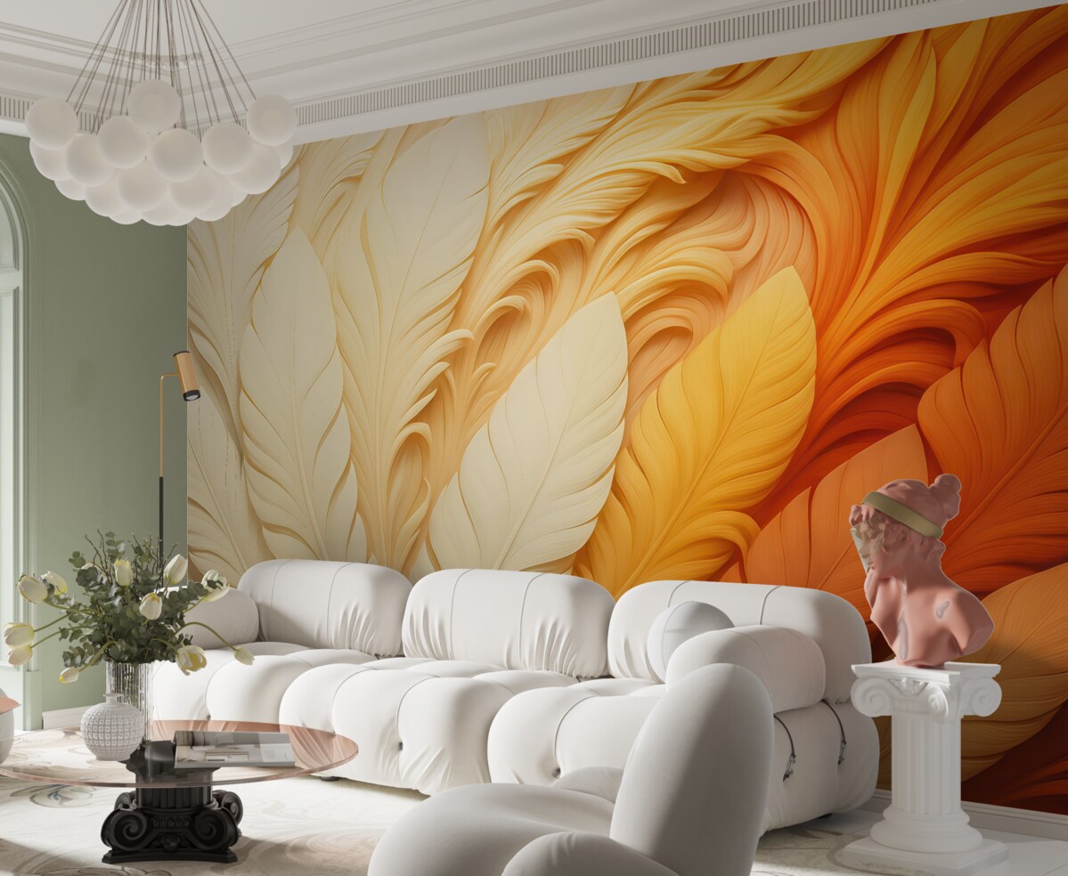 Fototapeta Białe pióra na jasno-pomarańczowym tle reliefu trójwymiarowego.