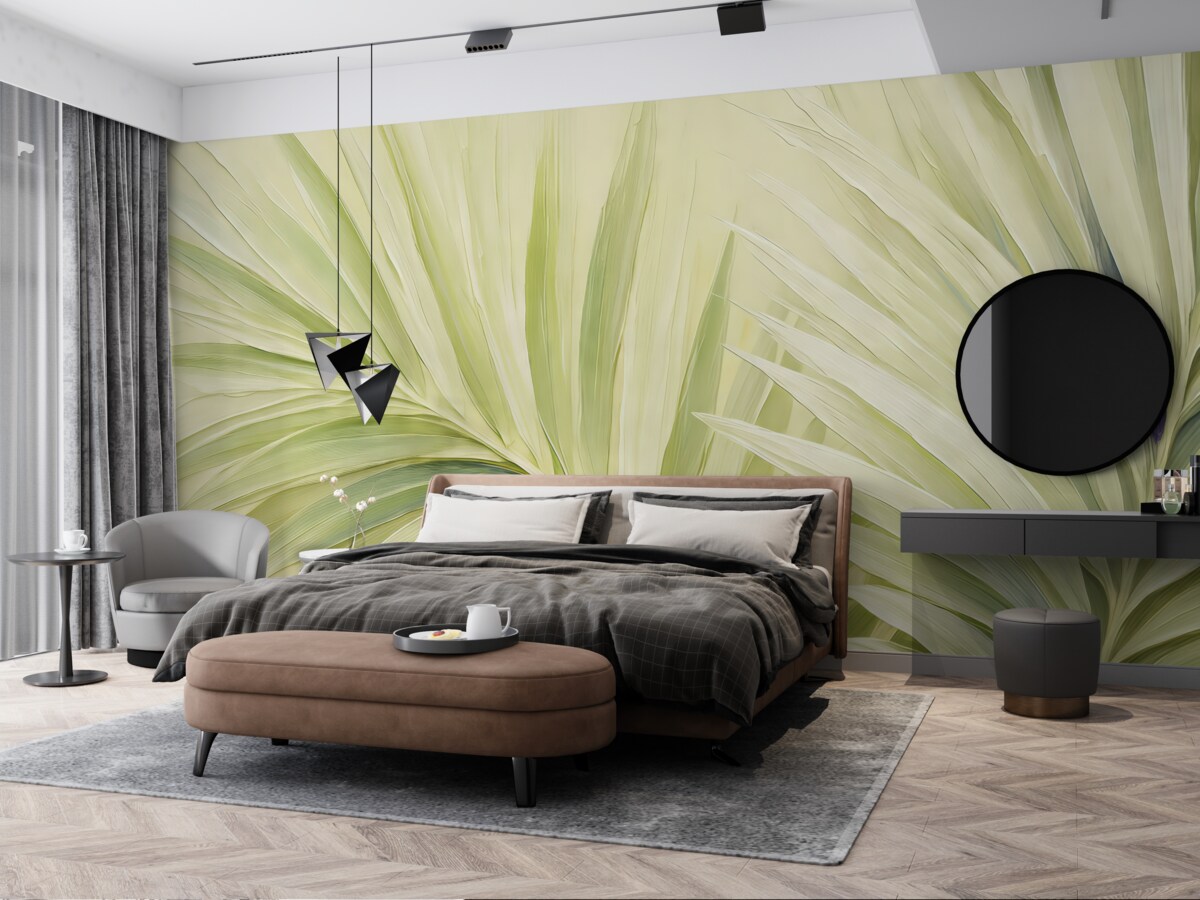 Fototapeta Liść palmy tropikalnej, abstrakcja dużych ruchów, powiększona, w kolorze zielonym.