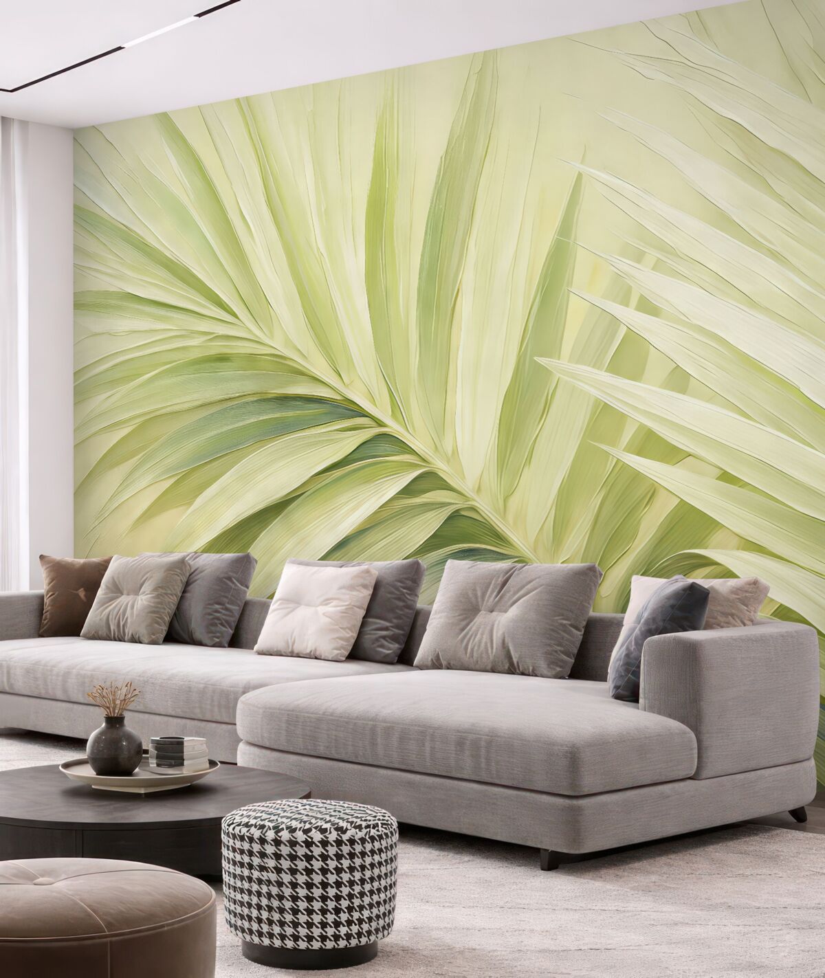 Fototapeta Liść palmy tropikalnej, abstrakcja dużych ruchów, powiększona, w kolorze zielonym.