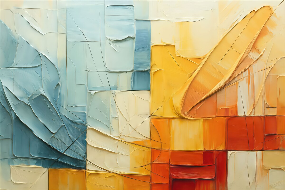 Fototapeta Wolumetryczne fragmenty farby, szczeliny, niebieski, pomarańczowy, żółty, czerwony.