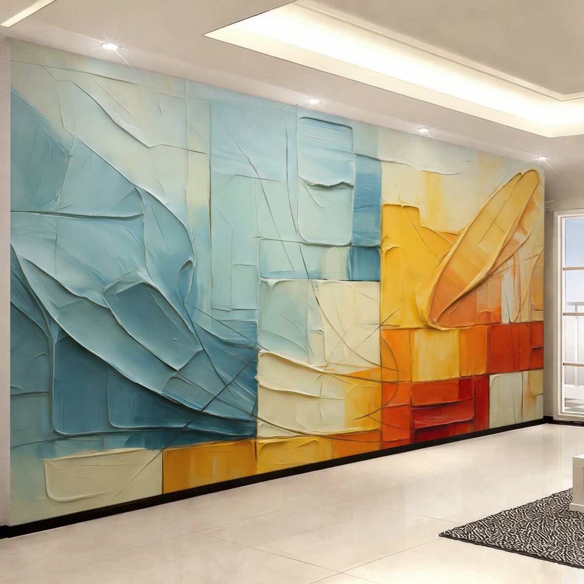 Fototapeta Wolumetryczne fragmenty farby, szczeliny, niebieski, pomarańczowy, żółty, czerwony.