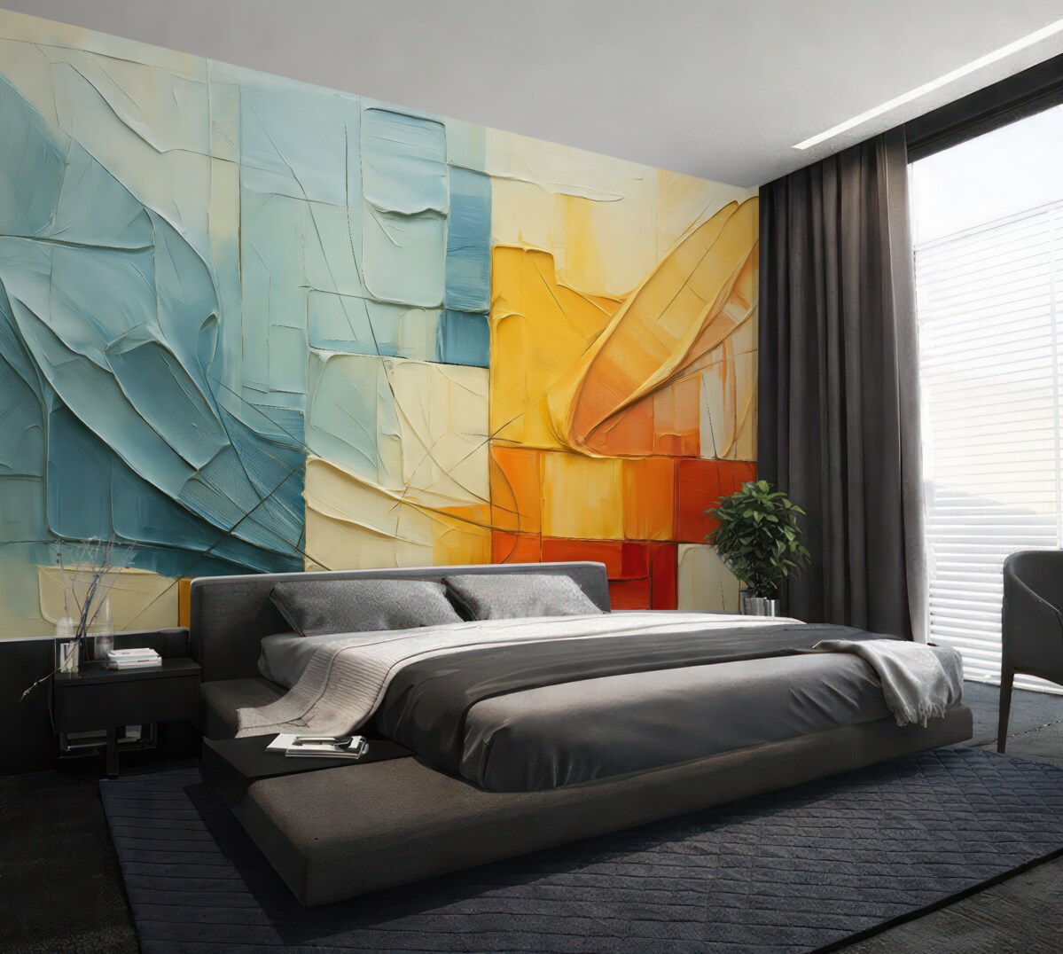 Fototapeta Wolumetryczne fragmenty farby, szczeliny, niebieski, pomarańczowy, żółty, czerwony.