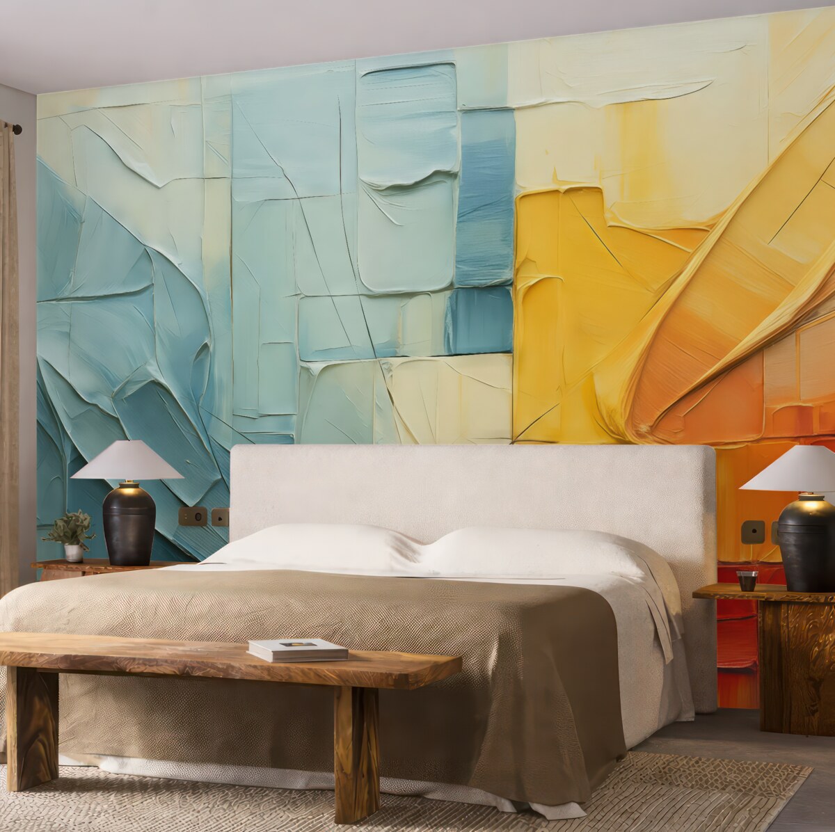 Fototapeta Wolumetryczne fragmenty farby, szczeliny, niebieski, pomarańczowy, żółty, czerwony.