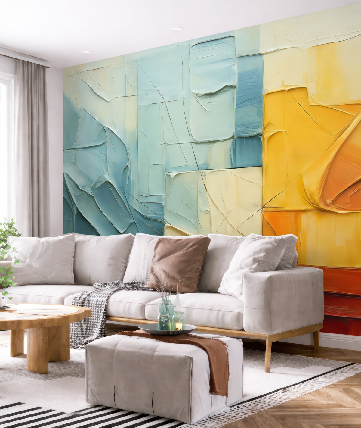 Fototapeta Wolumetryczne fragmenty farby, szczeliny, niebieski, pomarańczowy, żółty, czerwony.