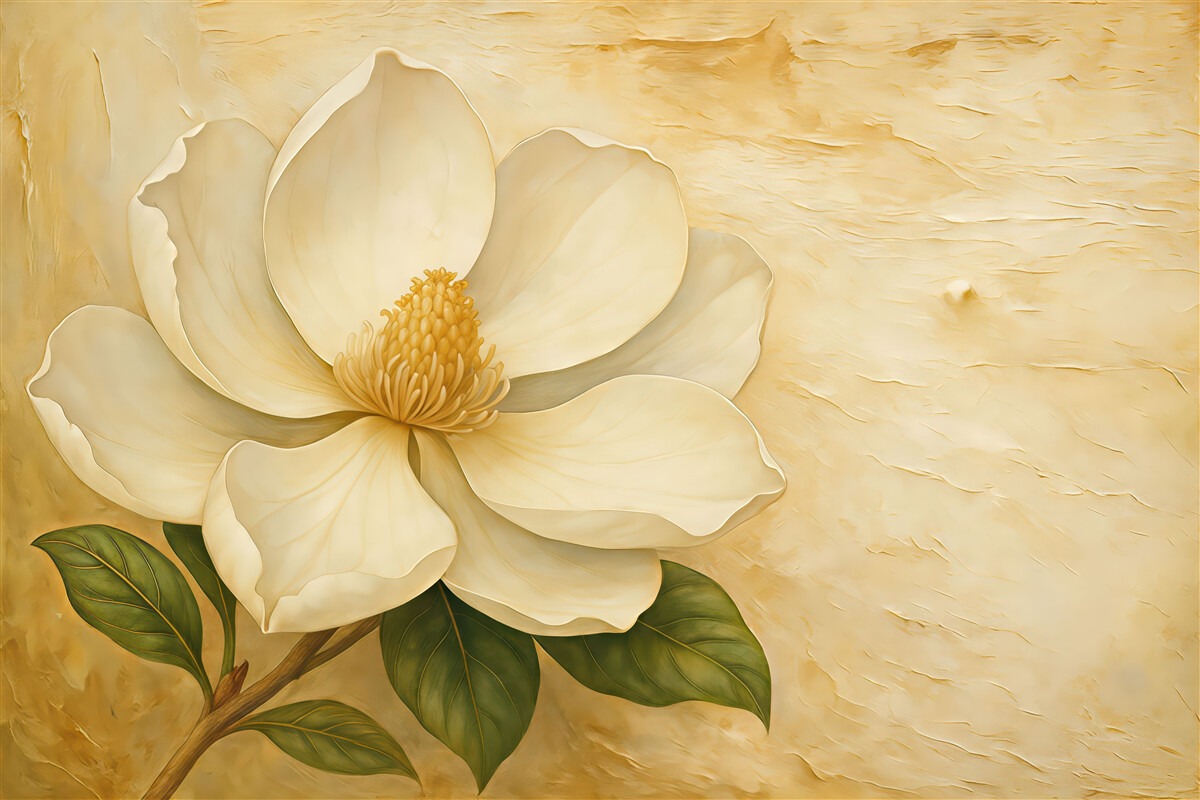 Fototapeta Biały kwiat magnolii w akwareli na beżowym tle z tłoczeniem.