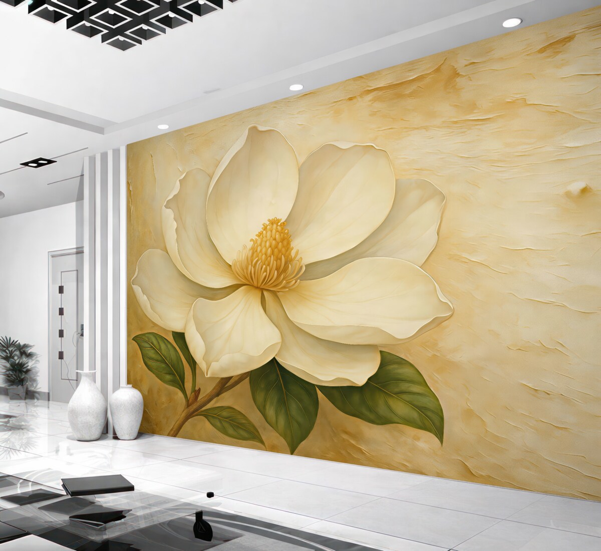 Fototapeta Biały kwiat magnolii w akwareli na beżowym tle z tłoczeniem.