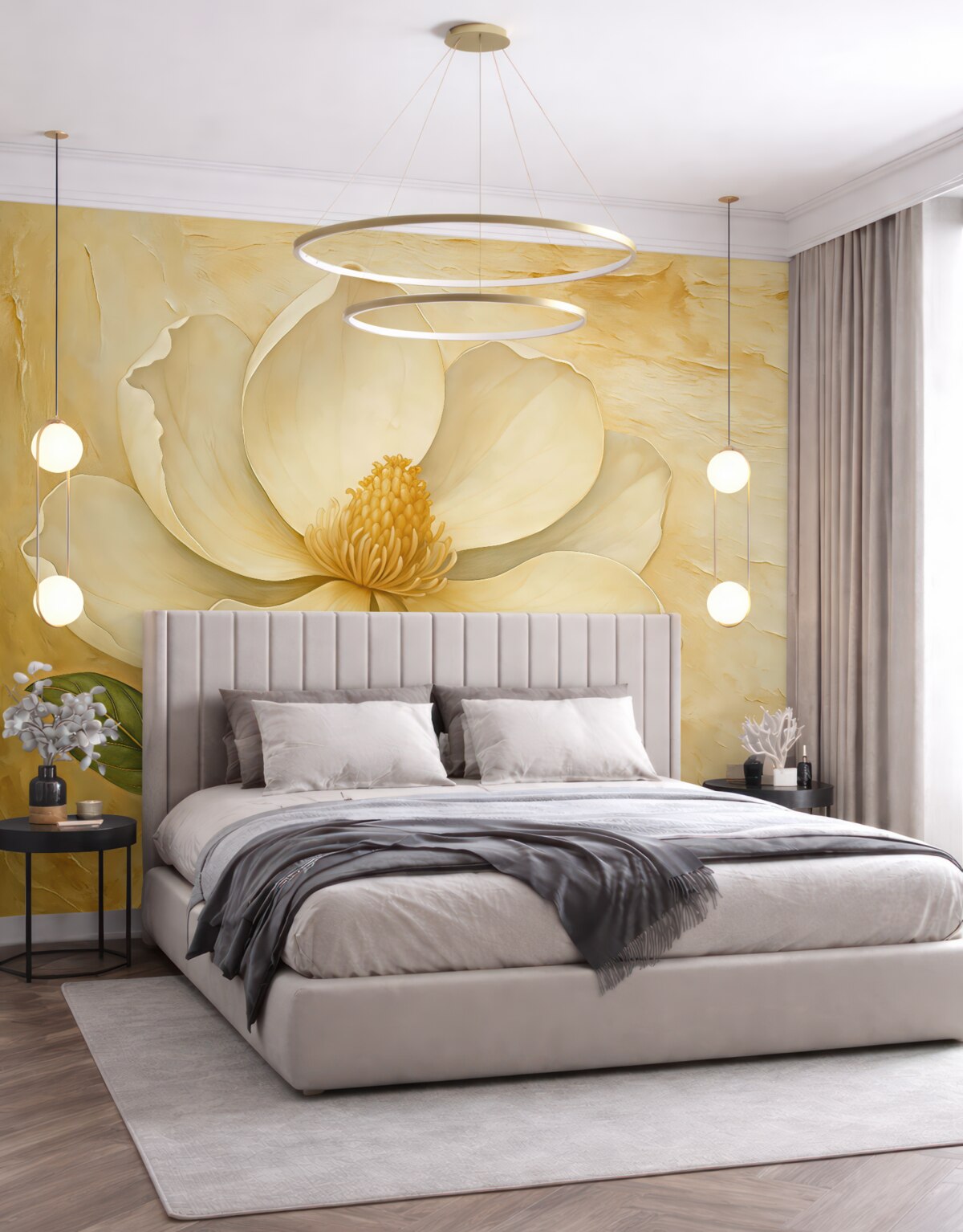 Fototapeta Biały kwiat magnolii w akwareli na beżowym tle z tłoczeniem.