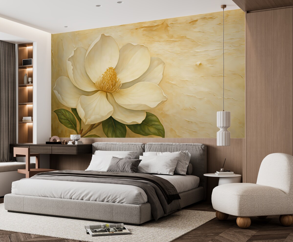 Fototapeta Biały kwiat magnolii w akwareli na beżowym tle z tłoczeniem.