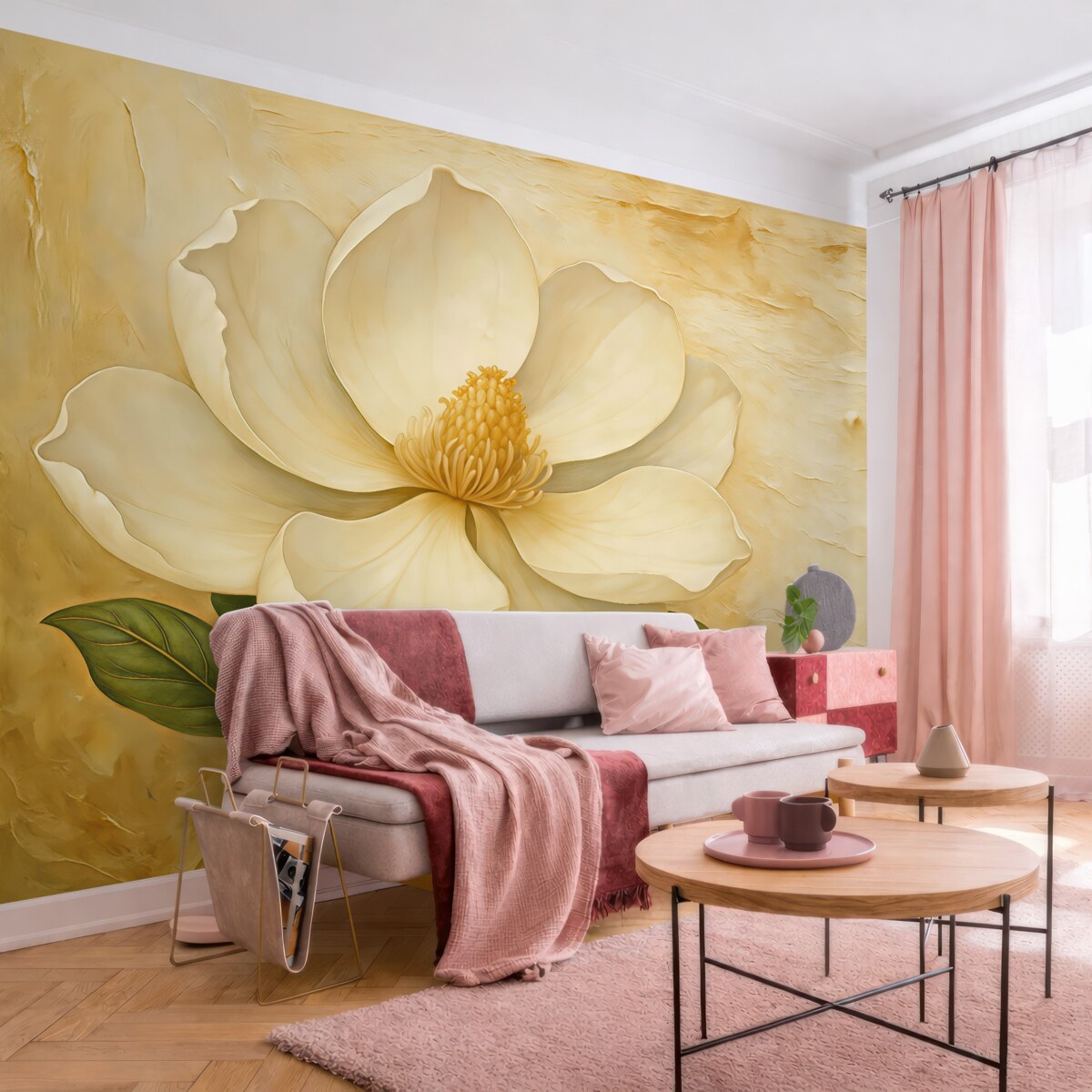 Fototapeta Biały kwiat magnolii w akwareli na beżowym tle z tłoczeniem.