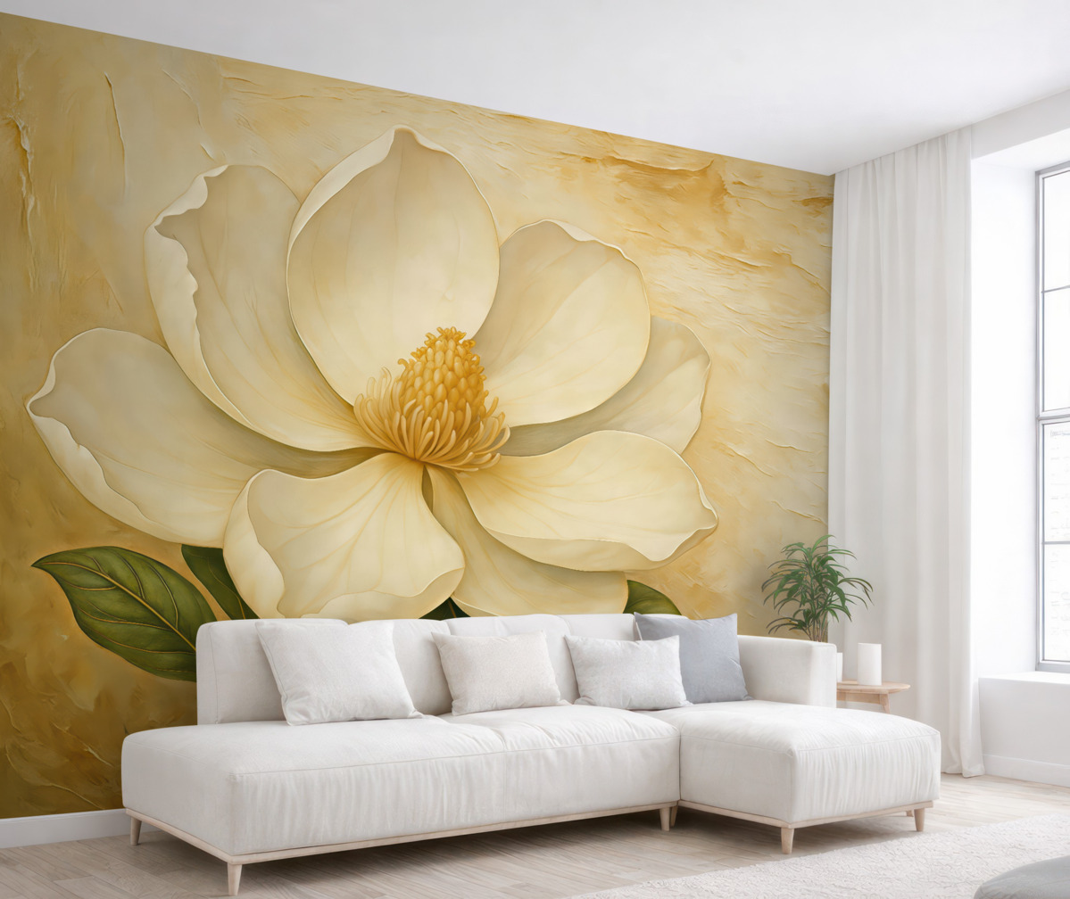 Fototapeta Biały kwiat magnolii w akwareli na beżowym tle z tłoczeniem.