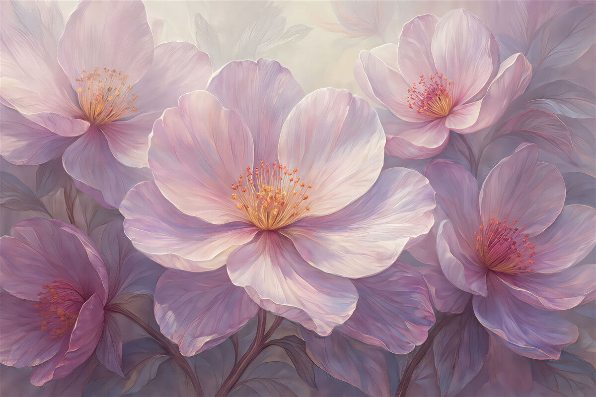 Fototapeta Subtelne przezroczyste pastelowe neonowe jasnoróżowe oraz białe kwiaty na łagodnym, zmiękczonym tle.