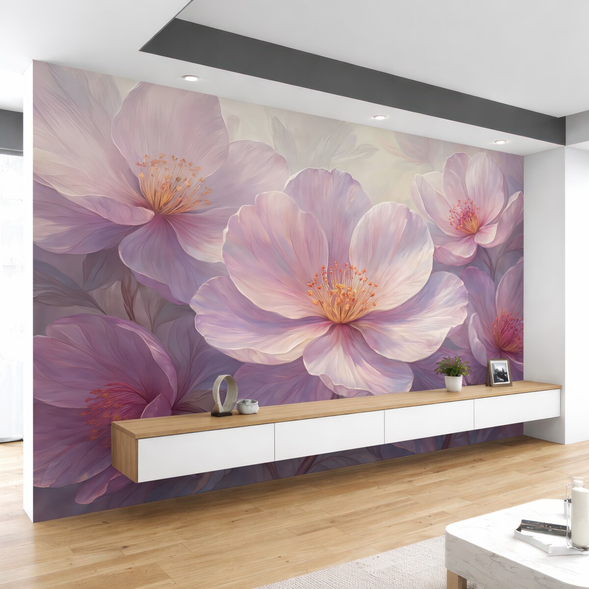 Fototapeta Subtelne przezroczyste pastelowe neonowe jasnoróżowe oraz białe kwiaty na łagodnym, zmiękczonym tle.