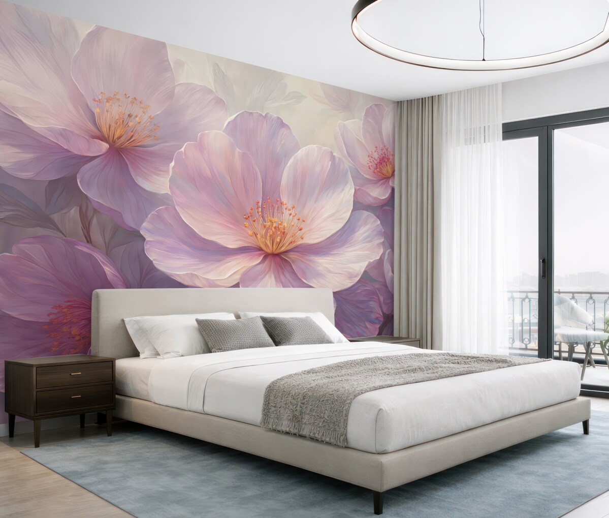 Fototapeta Subtelne przezroczyste pastelowe neonowe jasnoróżowe oraz białe kwiaty na łagodnym, zmiękczonym tle.