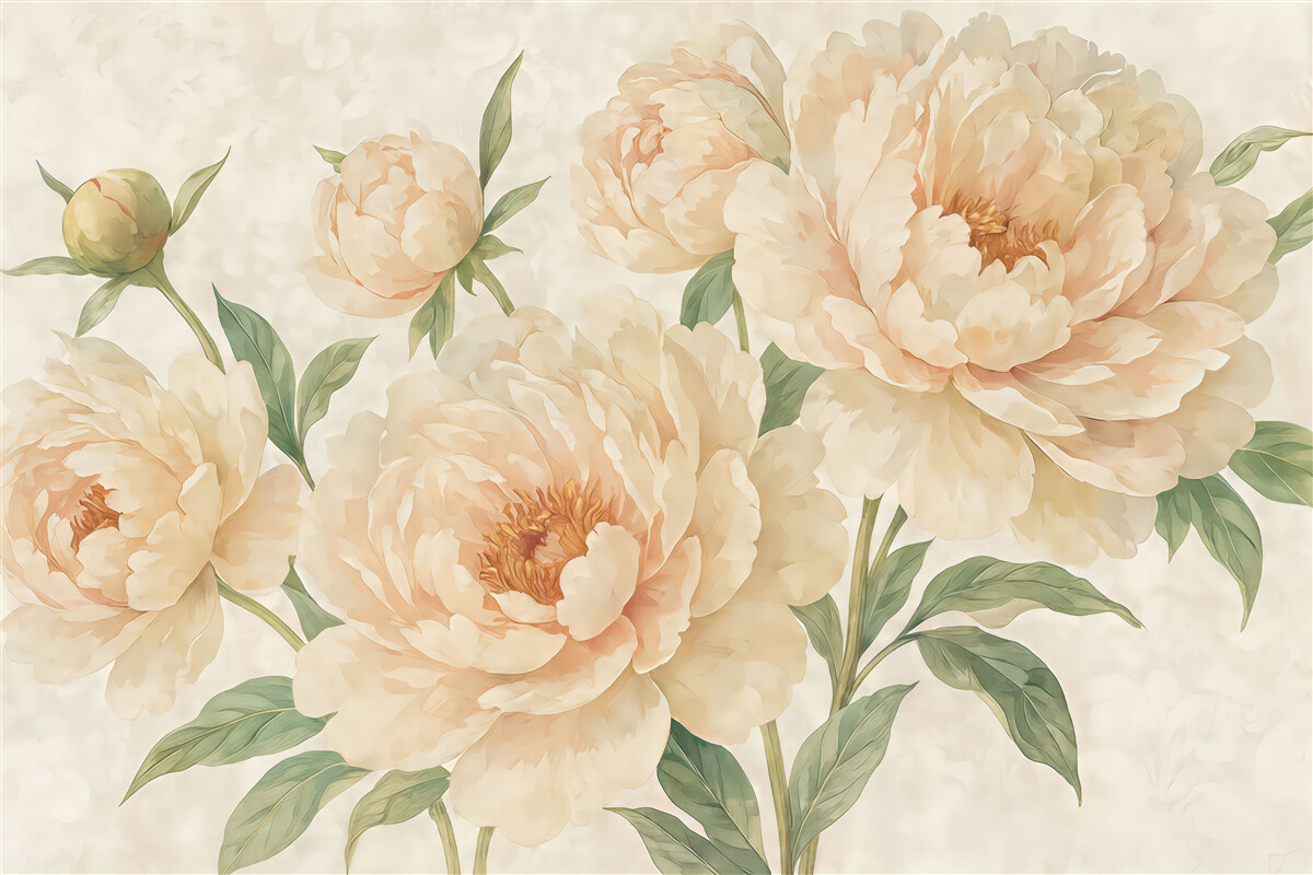 Fototapeta Wielkie, subtelne piwonie w odcieniu brzoskwiniowym z zielonymi liśćmi na łagodnym, jasnym tle.