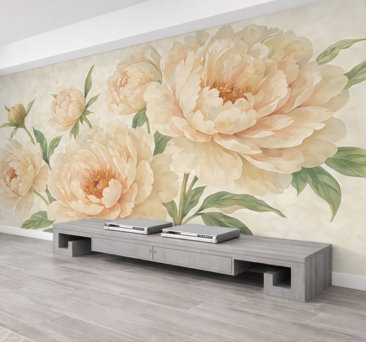 Fototapeta Wielkie, subtelne piwonie w odcieniu brzoskwiniowym z zielonymi liśćmi na łagodnym, jasnym tle.