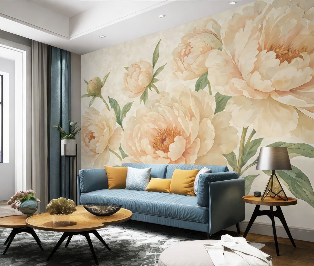 Fototapeta Wielkie, subtelne piwonie w odcieniu brzoskwiniowym z zielonymi liśćmi na łagodnym, jasnym tle.