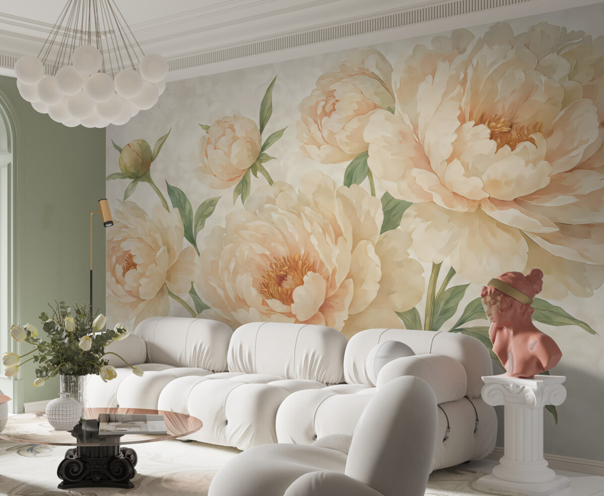 Fototapeta Wielkie, subtelne piwonie w odcieniu brzoskwiniowym z zielonymi liśćmi na łagodnym, jasnym tle.