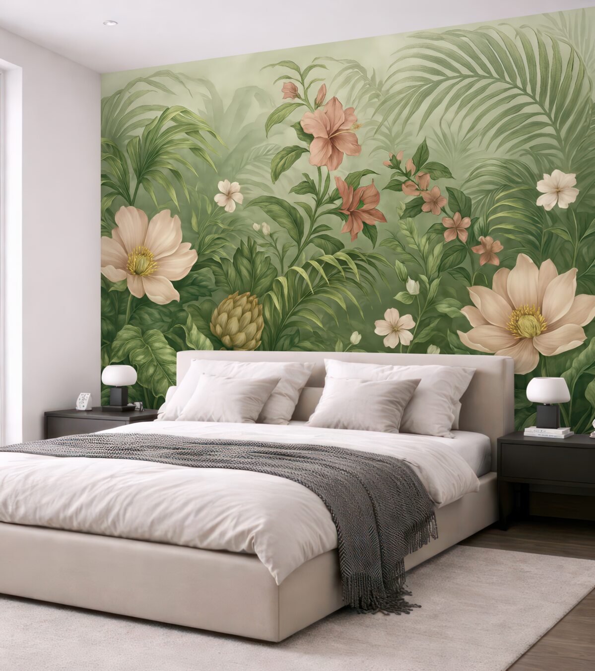 Fototapeta Tętniąca życiem tropikalna dżungla, soczyste liście palm oraz paprocie na pierwszym planie z kwiatami.