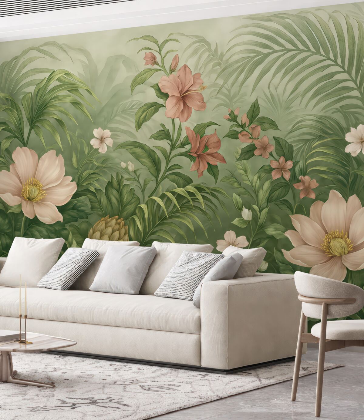 Fototapeta Tętniąca życiem tropikalna dżungla, soczyste liście palm oraz paprocie na pierwszym planie z kwiatami.