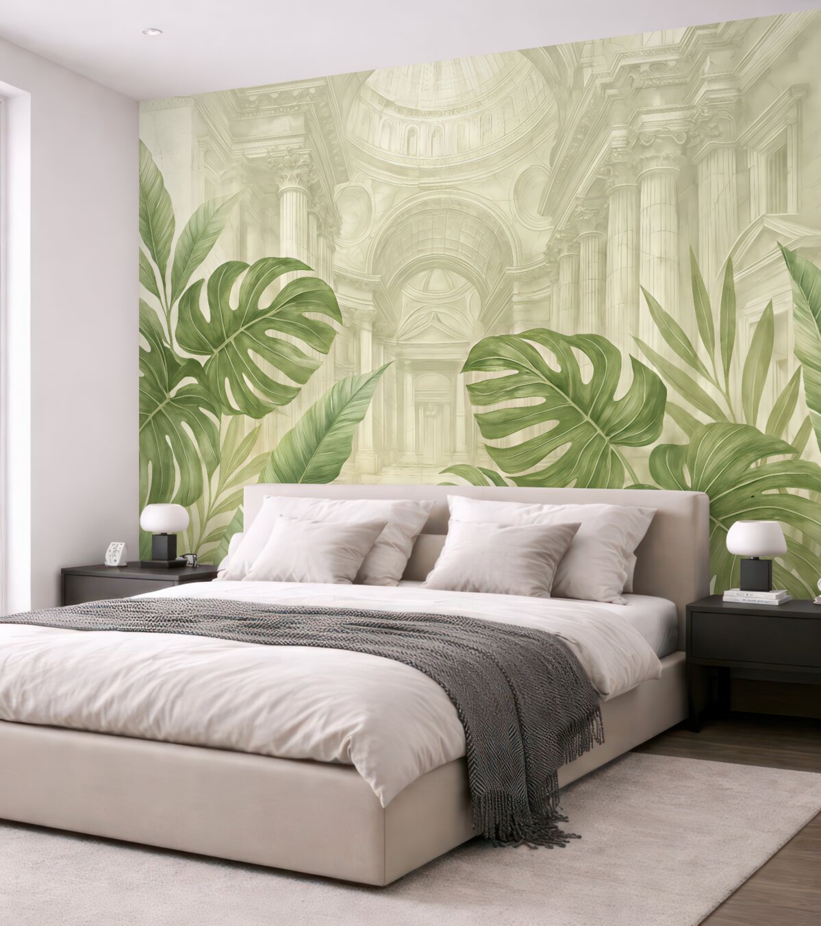 Fototapeta Znakomity rysunek, dekoracyjne marmurowe kolumny architektoniczne oraz bujne tropikalne rośliny w kolorze zielonym.