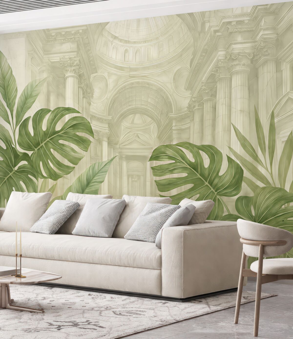 Fototapeta Znakomity rysunek, dekoracyjne marmurowe kolumny architektoniczne oraz bujne tropikalne rośliny w kolorze zielonym.