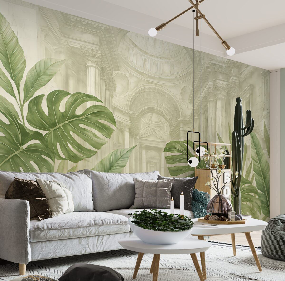 Fototapeta Znakomity rysunek, dekoracyjne marmurowe kolumny architektoniczne oraz bujne tropikalne rośliny w kolorze zielonym.