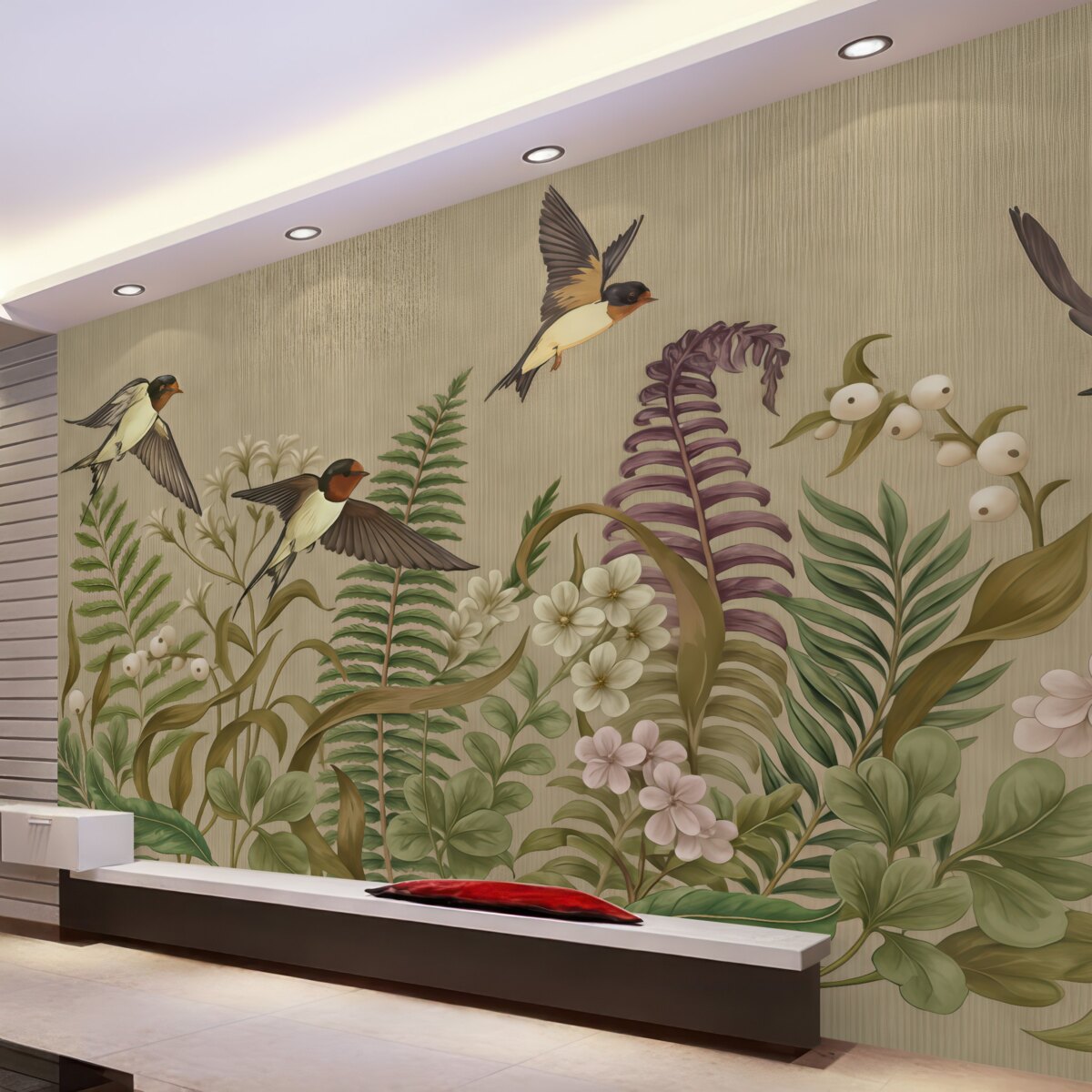 Fototapeta Ptaki unoszące się wśród gęstych zielonych liści z białymi oraz fioletowymi kwiatami, na beżowym tle.