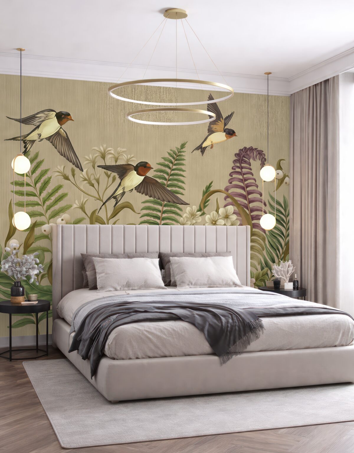 Fototapeta Ptaki unoszące się wśród gęstych zielonych liści z białymi oraz fioletowymi kwiatami, na beżowym tle.