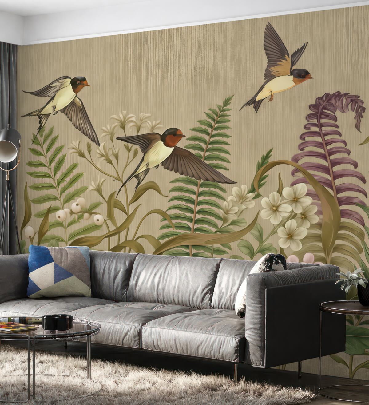 Fototapeta Ptaki unoszące się wśród gęstych zielonych liści z białymi oraz fioletowymi kwiatami, na beżowym tle.