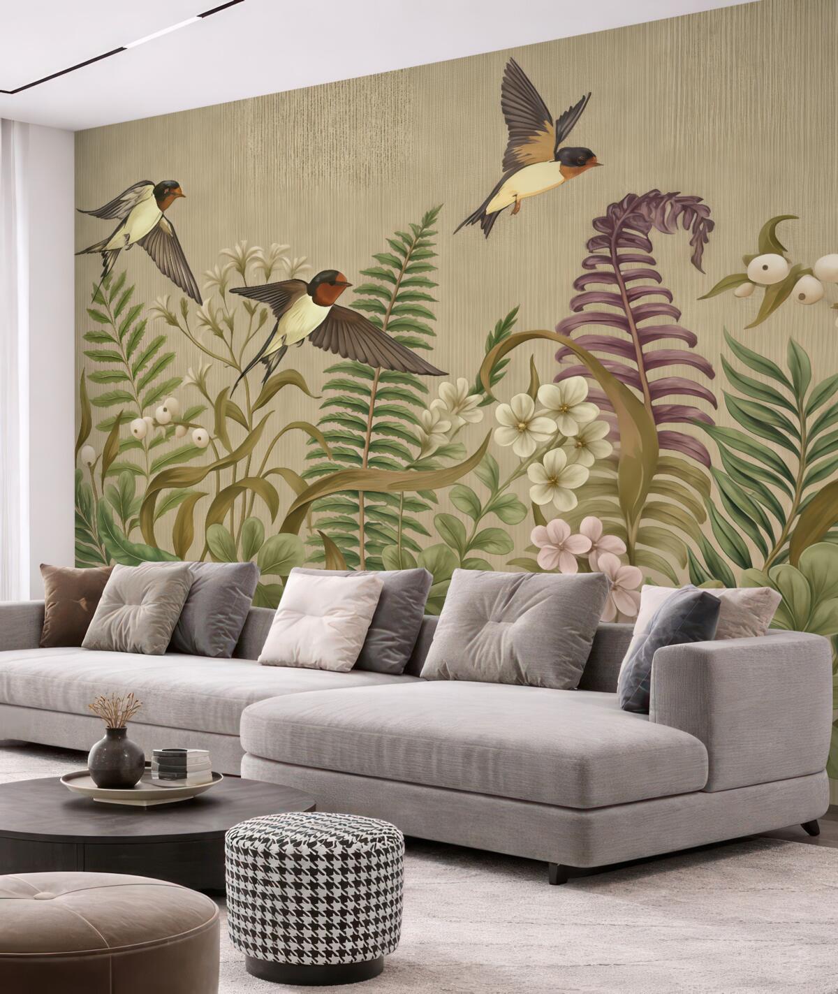 Fototapeta Ptaki unoszące się wśród gęstych zielonych liści z białymi oraz fioletowymi kwiatami, na beżowym tle.