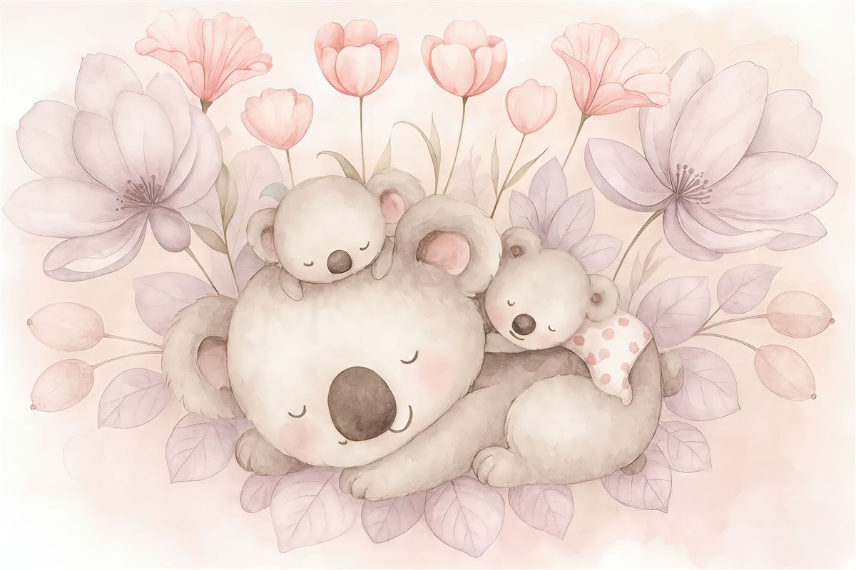Fototapeta Piękne misie koala otoczone różowymi kwiatami oraz liśćmi na jasnym tle akwareli.