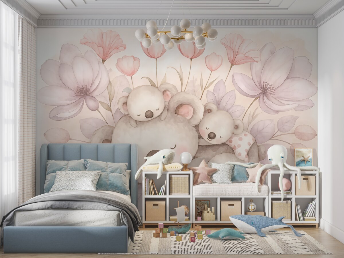 Fototapeta Piękne misie koala otoczone różowymi kwiatami oraz liśćmi na jasnym tle akwareli.