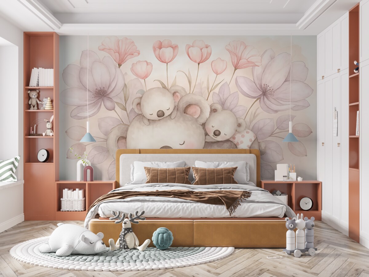 Fototapeta Piękne misie koala otoczone różowymi kwiatami oraz liśćmi na jasnym tle akwareli.