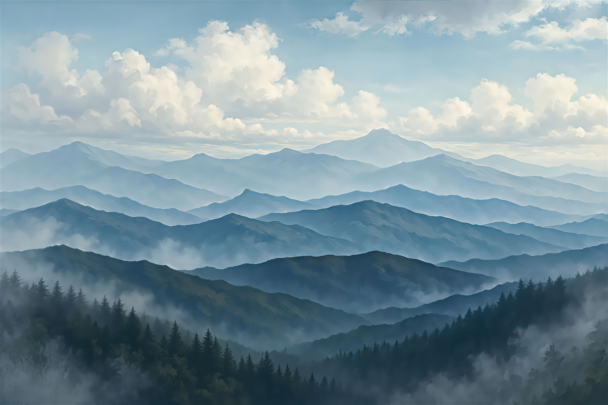 Fototapeta Mglista sceneria górska w stylu minimalizmu z wzgórzami i ciemnym niebem.