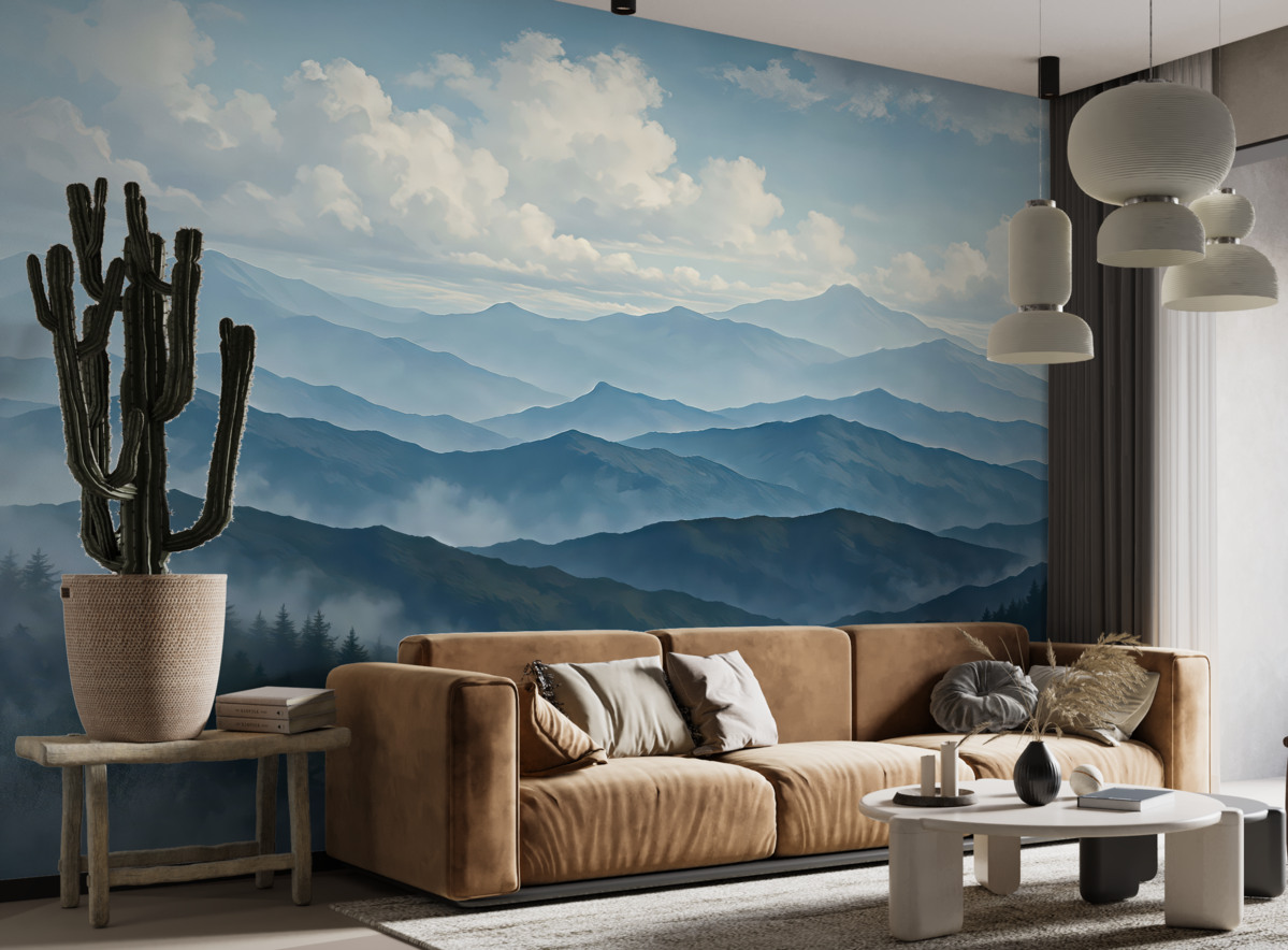 Fototapeta Mglista sceneria górska w stylu minimalizmu z wzgórzami i ciemnym niebem.