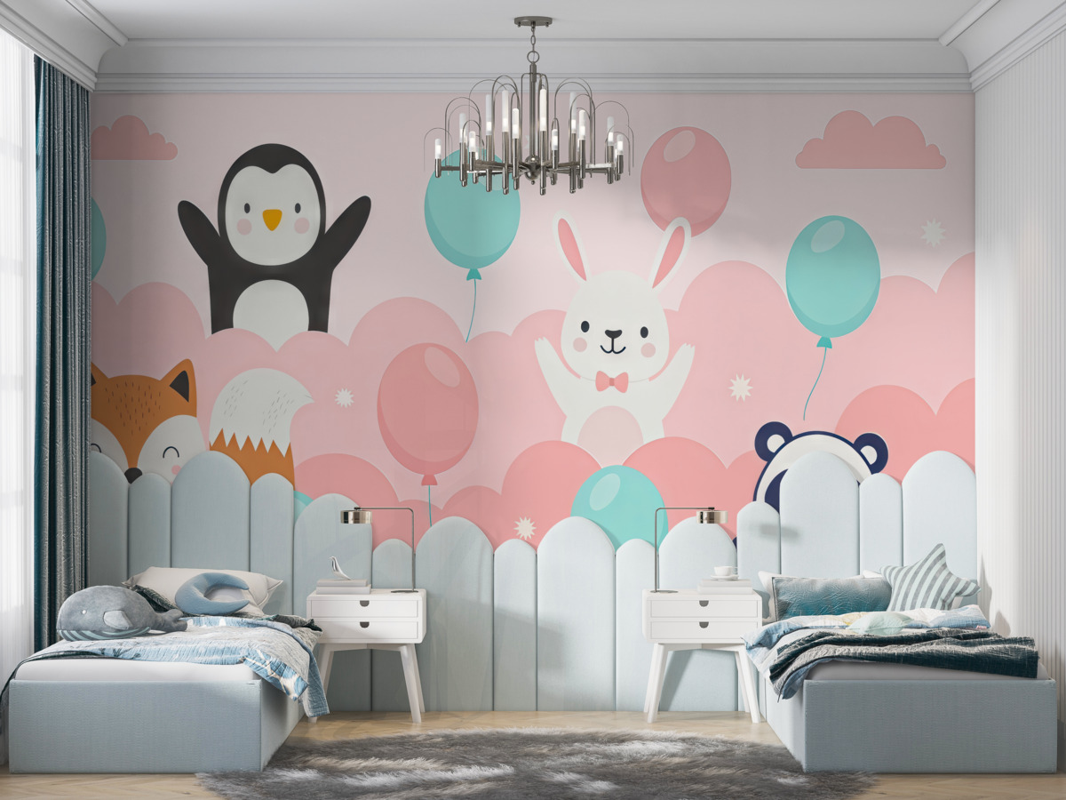 Fototapeta zwierzęta oraz balony w różowych obłokach