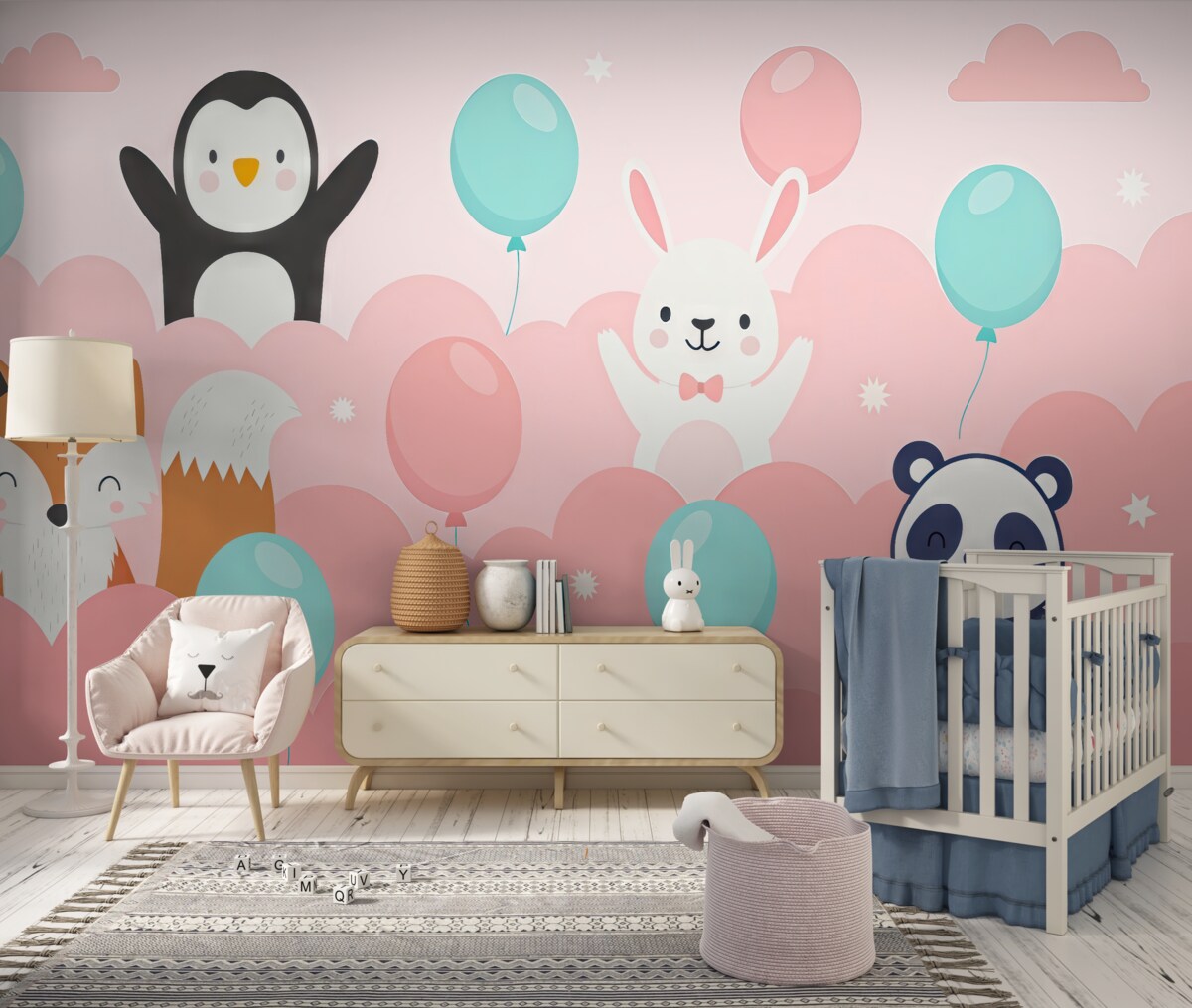 Fototapeta zwierzęta oraz balony w różowych obłokach