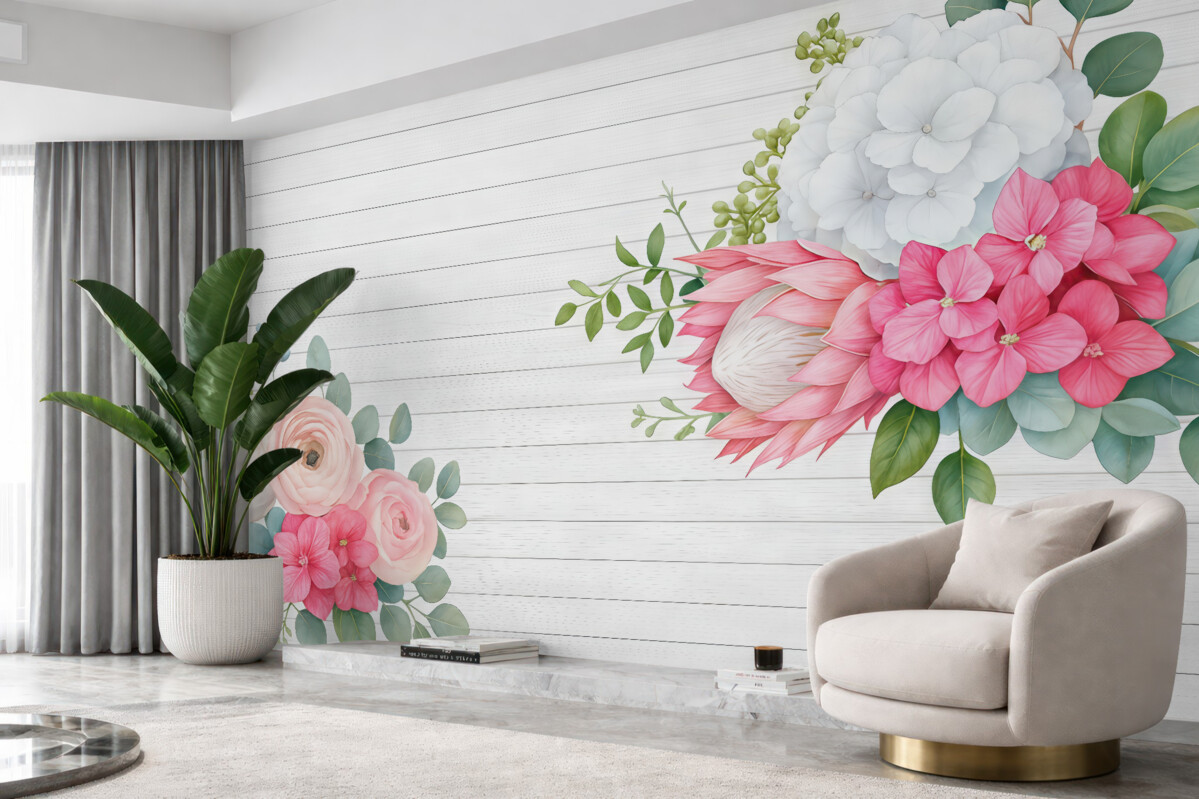 Fototapeta jasne kwiaty na tle jasnych drewnianych desek