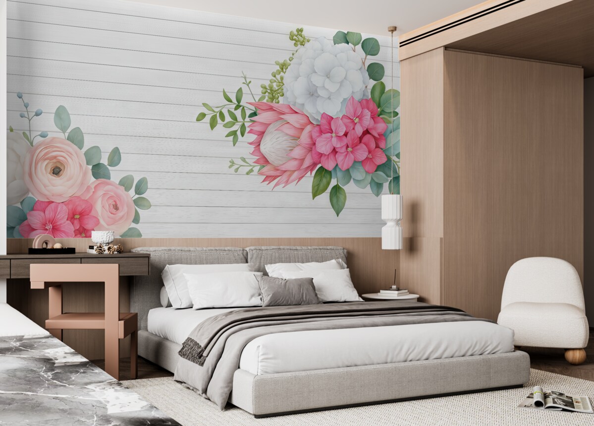 Fototapeta jasne kwiaty na tle jasnych drewnianych desek