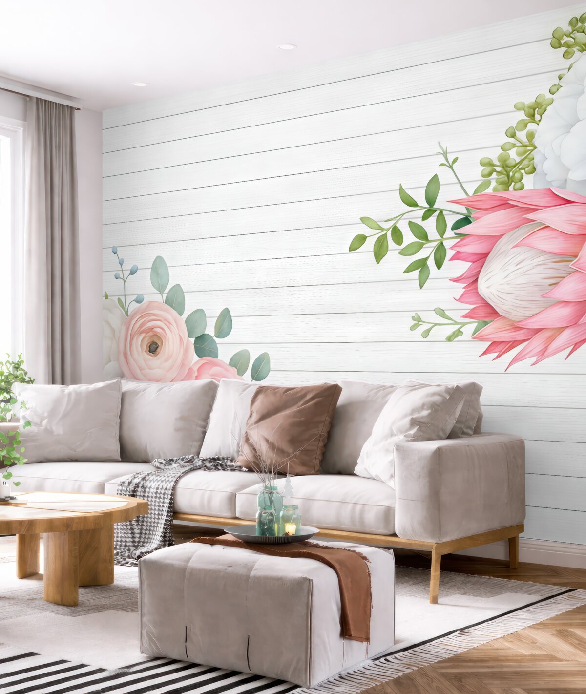 Fototapeta jasne kwiaty na tle jasnych drewnianych desek