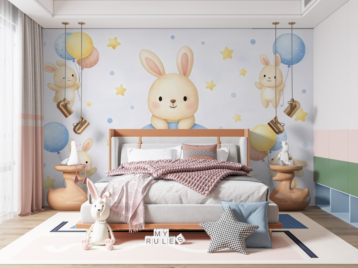 Fototapeta Króliczki z kolorową tęczą i niebieskimi balonikami.