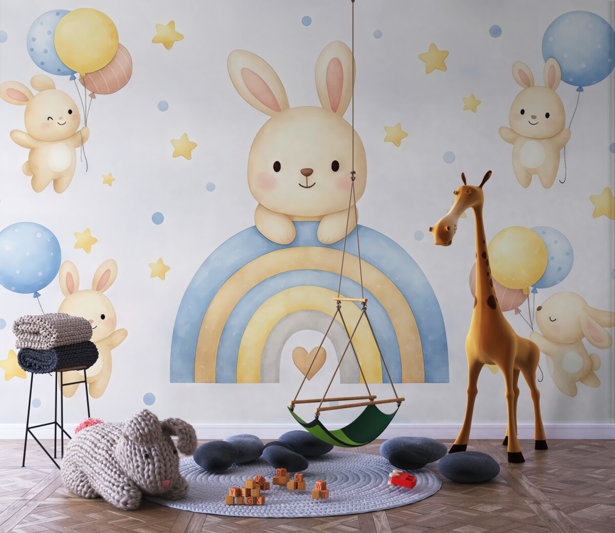 Fototapeta Króliczki z kolorową tęczą i niebieskimi balonikami.