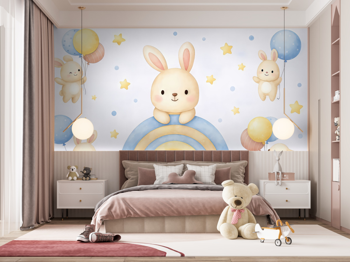 Fototapeta Króliczki z kolorową tęczą i niebieskimi balonikami.