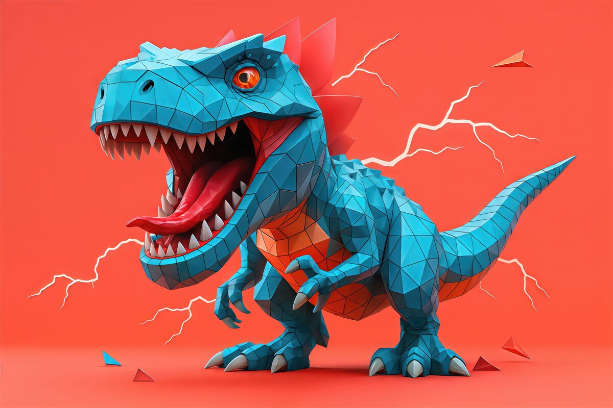 Fototapeta Niebezpieczny dinozaur z błyskawicą w odcieniach czerwieni i błękitu.