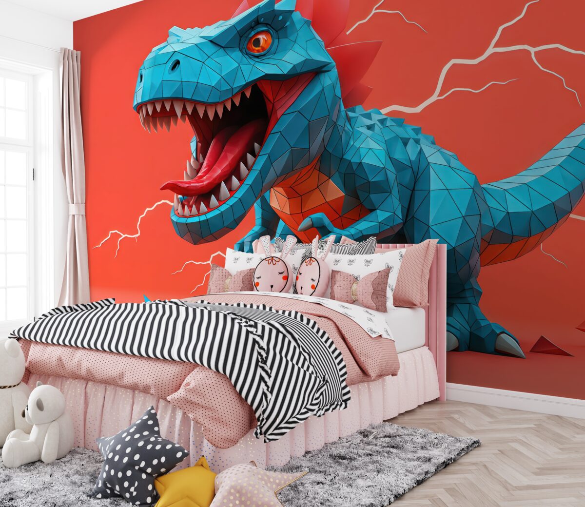 Fototapeta Niebezpieczny dinozaur z błyskawicą w odcieniach czerwieni i błękitu.