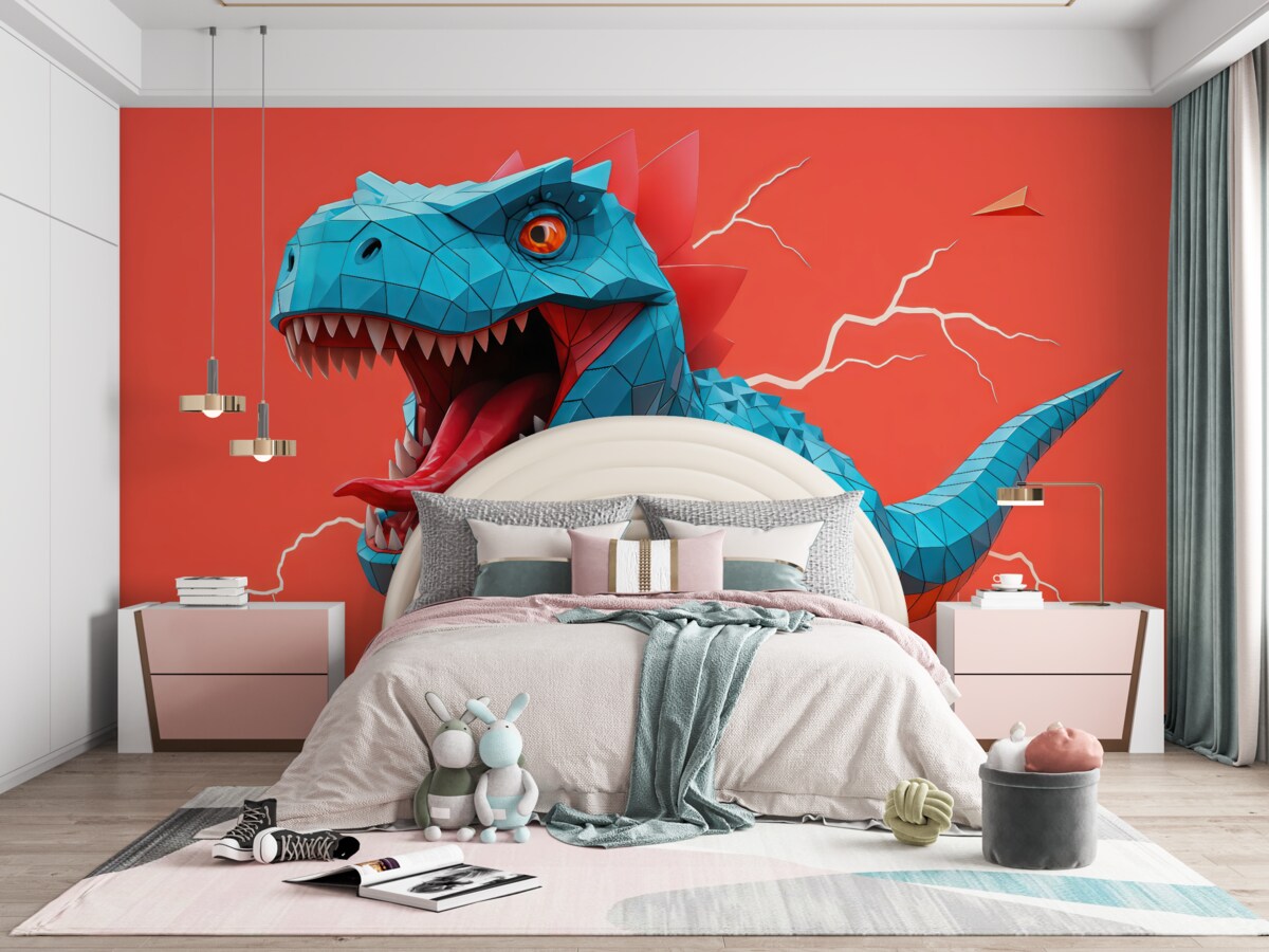 Fototapeta Niebezpieczny dinozaur z błyskawicą w odcieniach czerwieni i błękitu.