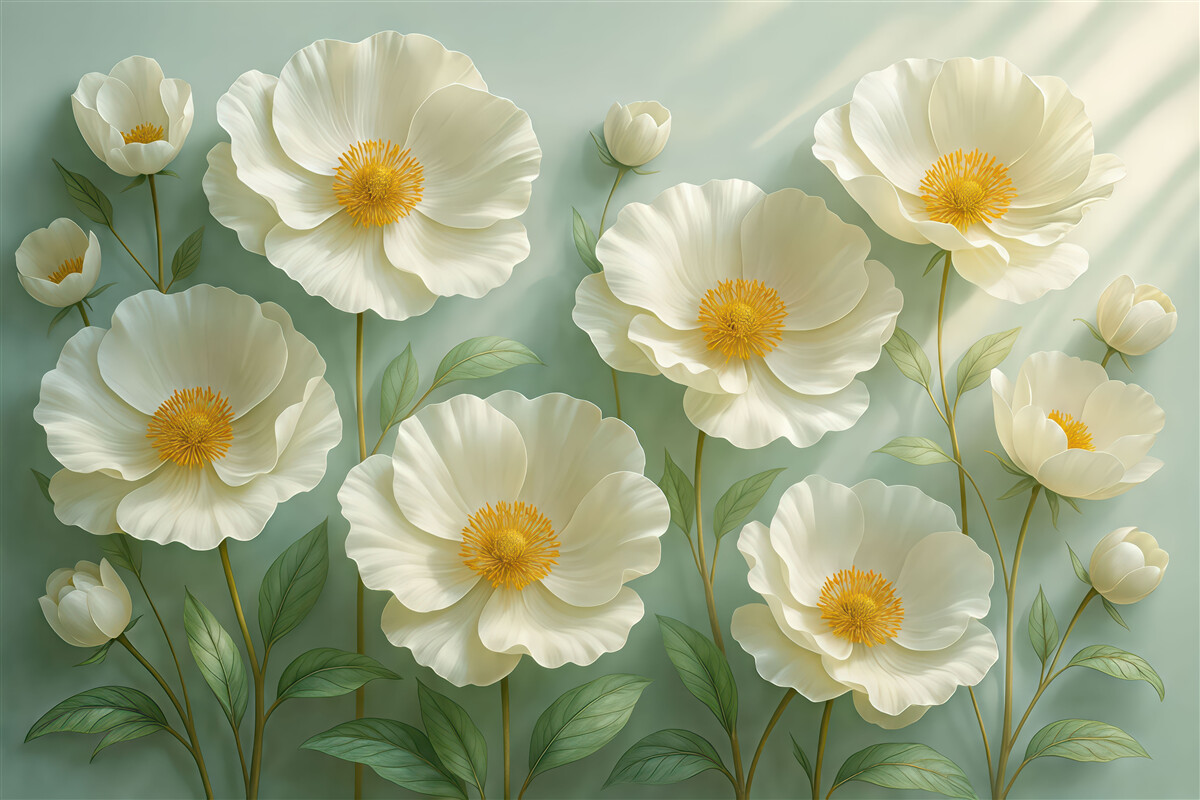 Fototapeta Białe maki na ścianie w świetle dziennym z efektem trójwymiarowym.