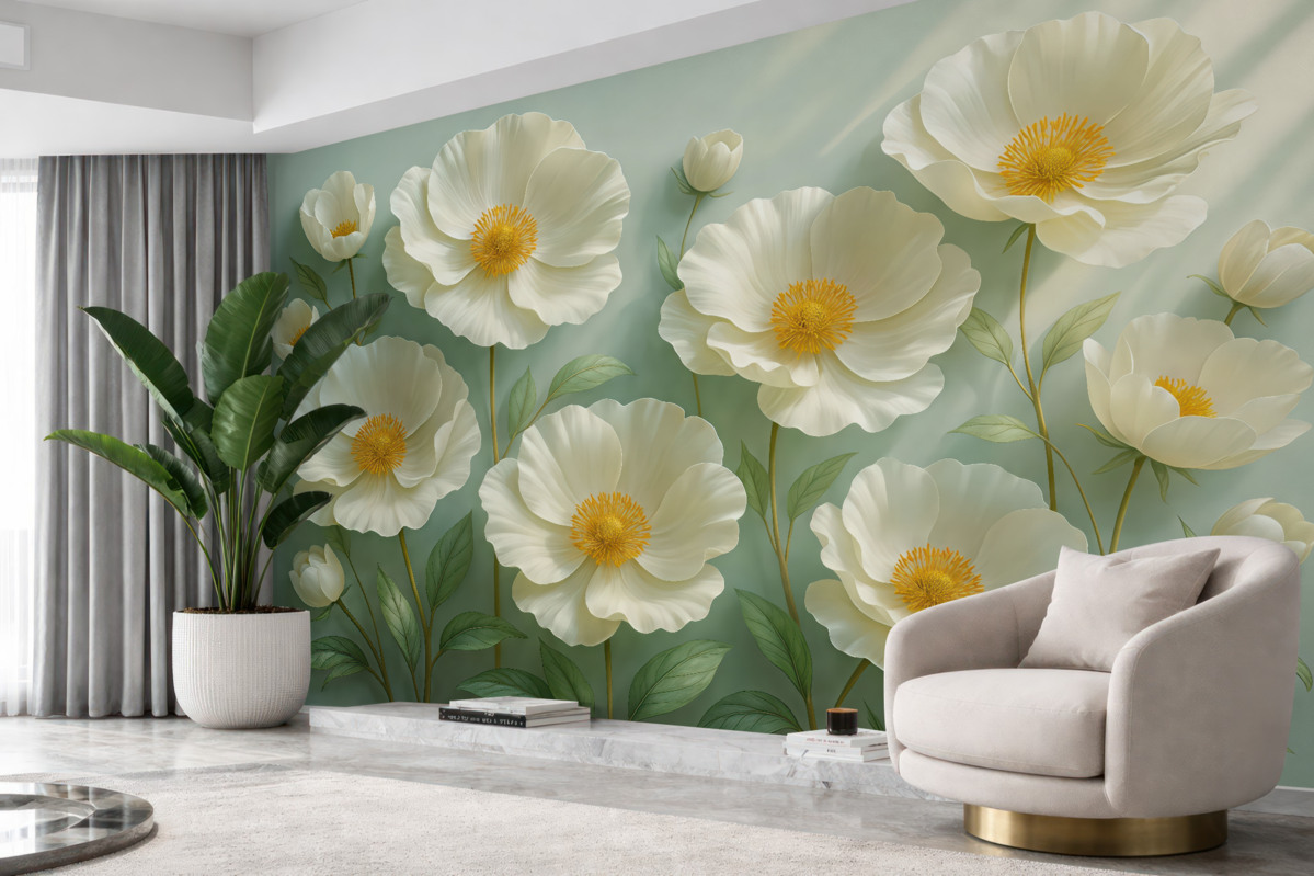 Fototapeta Białe maki na ścianie w świetle dziennym z efektem trójwymiarowym.