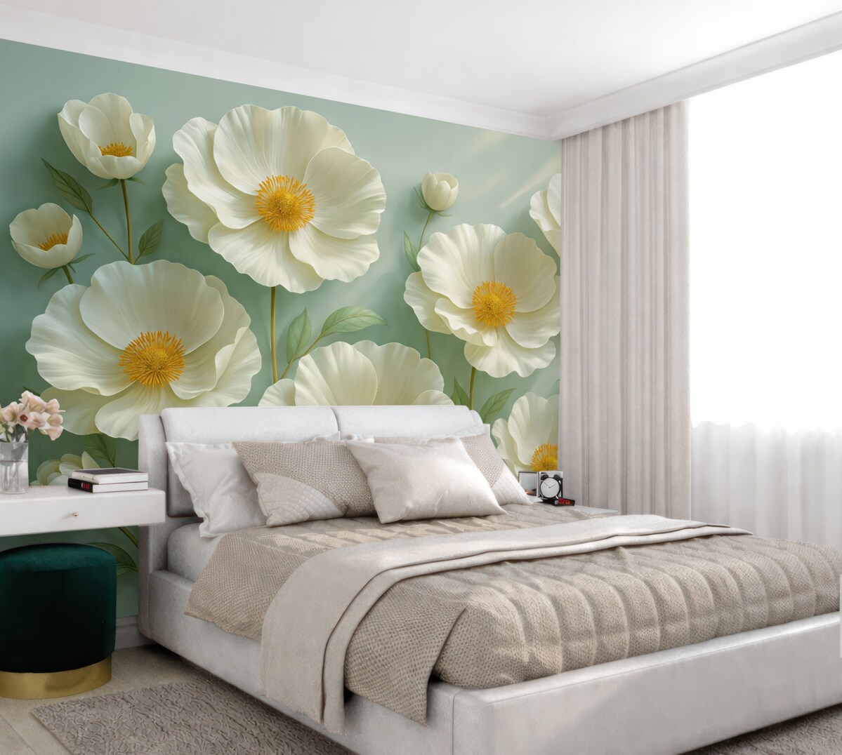 Fototapeta Białe maki na ścianie w świetle dziennym z efektem trójwymiarowym.